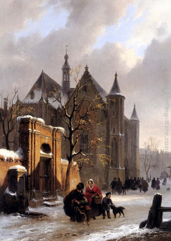 A Capricio View With Figures Leaving A Church In Winter painting - Bartholomeus Johannes Van Hove A Capricio View With Figures Leaving A Church In Winter art painting